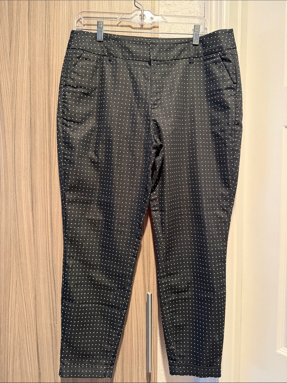 Women's Black Ankle Crop Dress Pants with White Pin Dot